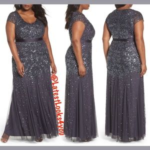 New Adrianna Papell beaded v-neck gown in gunmetal 14W 18W
